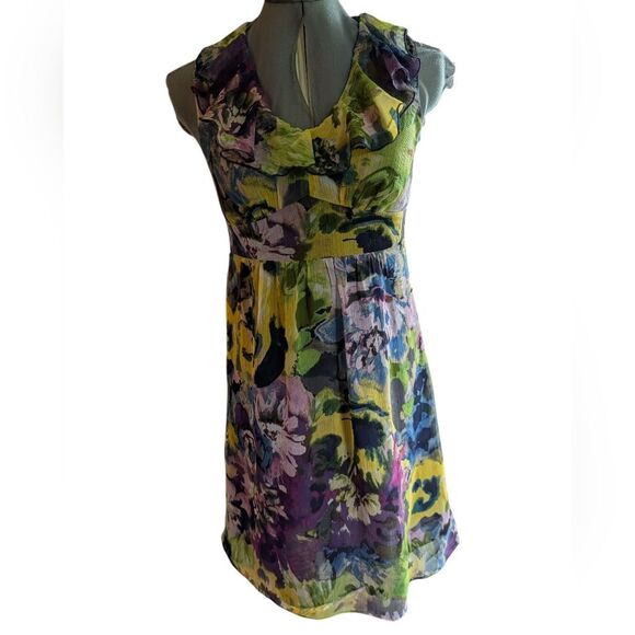 Ann Taylor Loft Womens Dress Size 0 Petite Floral Watercolor Ruffle Neck - Picture 4 of 4